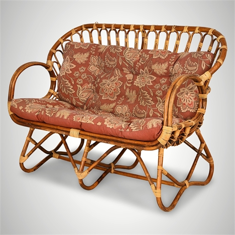 Rattan & Bamboo Loveseat with Cushions, in the Style of Franco Albini