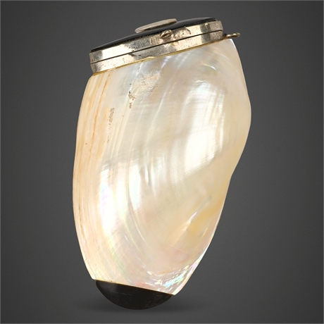 19th C. Mother-of-Pearl & Silver Mounted Chatelaine Snuff / Pill Box