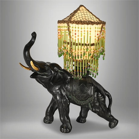 1926 Ronson “Jumbo Elephant” Lamp – Cast Metal, Silk & Glass Bead Shade