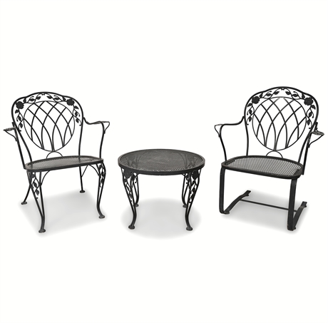 Mid-Century Wrought Iron Patio Set — (2) Chairs & Table, Woodard Style
