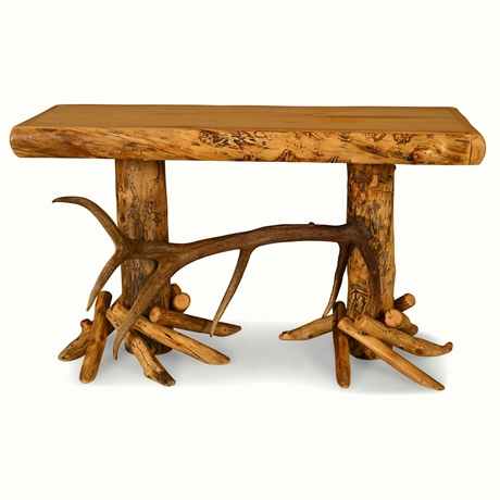 Handcrafted Aspen Log & Elk Antler Console Table – Rustic Lodge Style