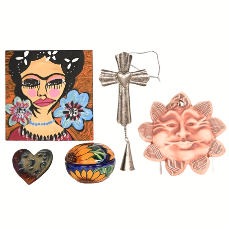 Talavera Trinket, Raku Heart, Cross Bell & Frida Art - 5 Piece Set