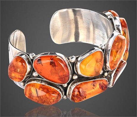 Benny Pinto Navajo Sterling & Amber Cuff Bracelet, Signed BP, 61.3g