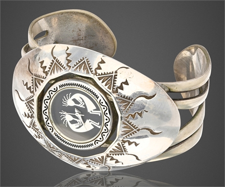 Navajo Sterling Silver Cuff Watch Bracelet with Kokopelli Motif, Quartz Movement