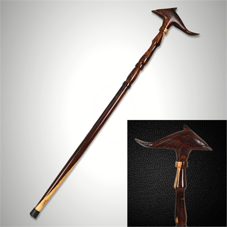 Carved Ironwood Walking Cane — Dolphin T-Handle, Two-Tone Wood, Turned Shaft