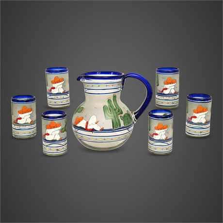 Mexican Hand-Painted Glass Pitcher & Tumbler Set — Siesta, Cobalt Rim, 7 Pc