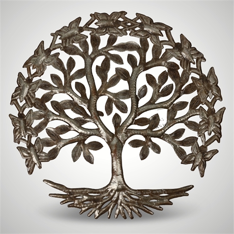 14.5" Tree of Life Wall Sculpture Signed Haitian Oil Drum  — Tag Affixed