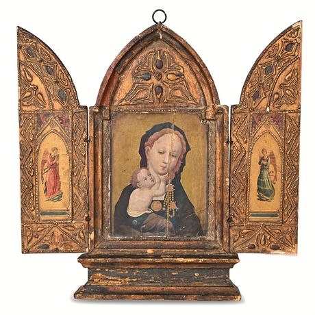 Italian Giltwood Triptych – Madonna & Child, Gothic Revival, Marked “Made in Ita