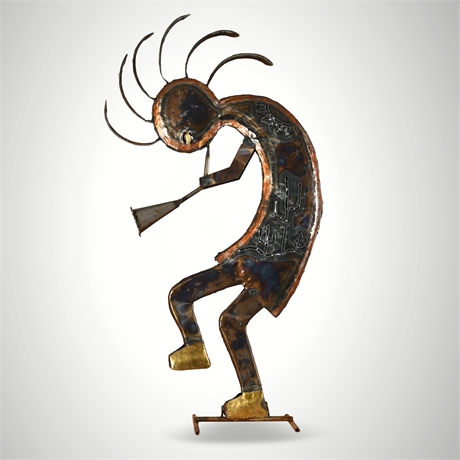Kokopelli Steel Sculpture 48" — Copper Patina, Brass Accents, Desert Motifs