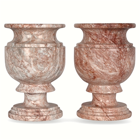 Pair of Solid Marble Urns with Pedestal Base