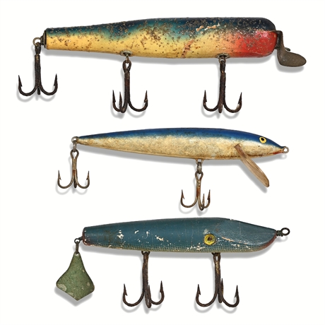 Antique Wood Plug Fishing Lures, Early–Mid 20th Century — Group of 3