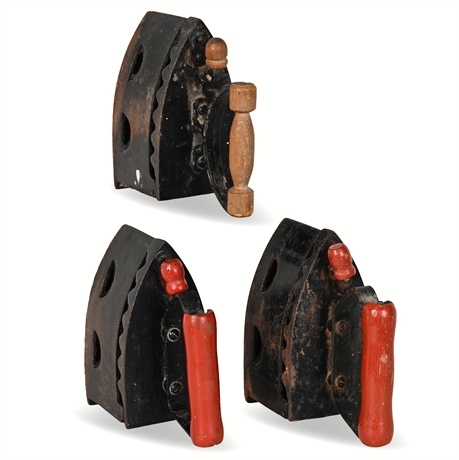 Set of 3 Antique Cast Iron Charcoal Irons — Stamped P2, Wood Handles