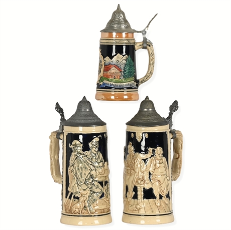 Vintage German Beer Stein Trio – Pewter Lids, Hand-Painted