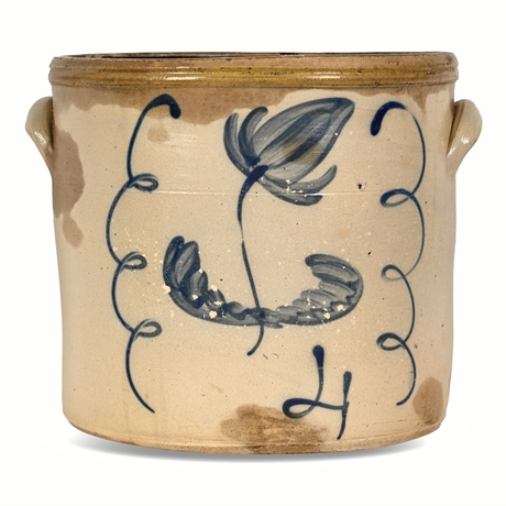19th C Stoneware Crock 4 Gal Cobalt Floral