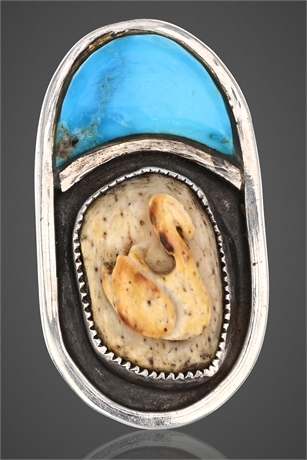 Navajo Sterling Silver Ring w/ Turquoise & Carved Bone Swan, Signed RS/RJ