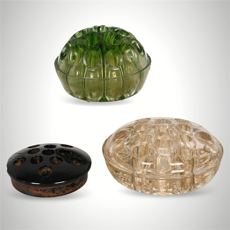 Set of 3 Antique Flower Frogs – Glass & Ceramic, One Marked England