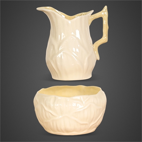 Belleek Irish Parian Porcelain Cabbage Leaf Creamer & Sugar Bowl Set