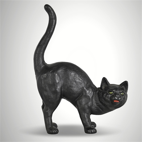 Antique Cast Iron Arched-Back Black Cat Doorstop with Glass Eyes