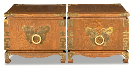 Pair of Asian-Inspired Wooden End Tables with Brass Butterfly and Longevity Symb