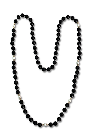 Vintage 30" 8mm Black Onyx and 6mm Pearl Necklace w/3mm Gold Beads