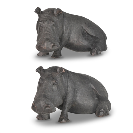 African Pair Carved House Hippos