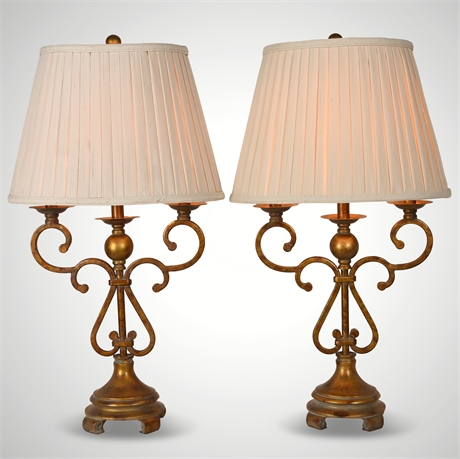 Pair of Vintage Brass-Finish Table Lamps, Metal & Plaster Base, 3-Way Switch