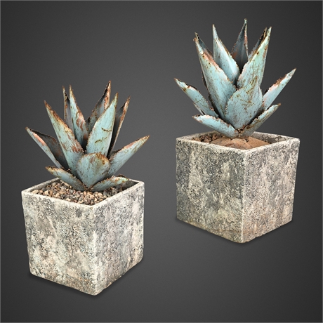 Steel Agave Garden Sculptures, Verdigris & Copper Finish, Pair
