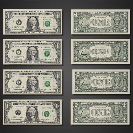 Set of 4 Consecutive 1993 $1 Bills – Dallas Fed, Series K21472446A–449A