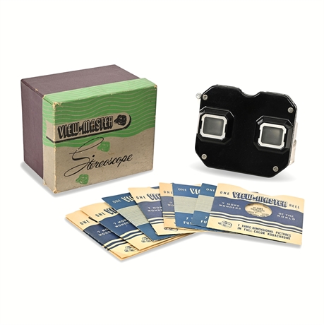 Sawyer's View-Master Model E Bakelite Stereoscope with 9 Reels & Original Box