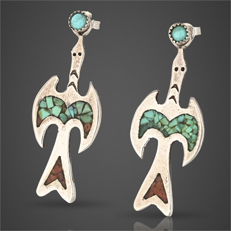 Vintage Navajo Sterling Thunderbird Earrings w/ Turquoise & Coral