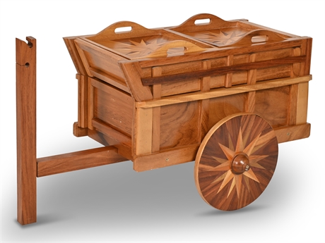 Handcrafted Wagon Bar Cart with Intricate Wood Inlay Marquetry