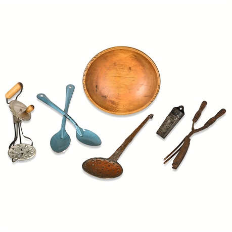 Vintage Kitchen Utensil Lot w/ Wood Bowl, Copper Spoon & Grater