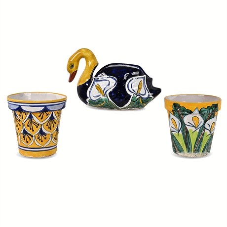 Talavera Calla Lily Swan Planter & Floral Pots – Hand-Painted Mexico, Set of 3