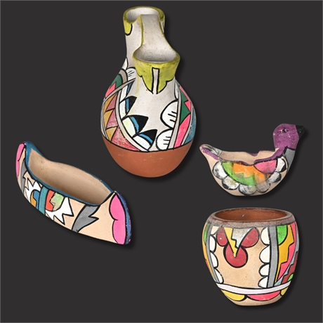Set of Four Jemez Hand-Painted Pottery Pieces – Wedding Vase, Canoe, Bowl & Bird