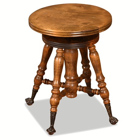 Antique Oak Swivel Piano Stool with Iron Claw & Glass Ball Feet