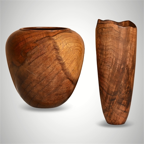 Pair of Signed Hand-Turned Claro Walnut Vessels, 1983 & 1984