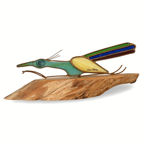 Ken Toney Stained Glass Roadrunner Sculpture on Wood Base – Signed