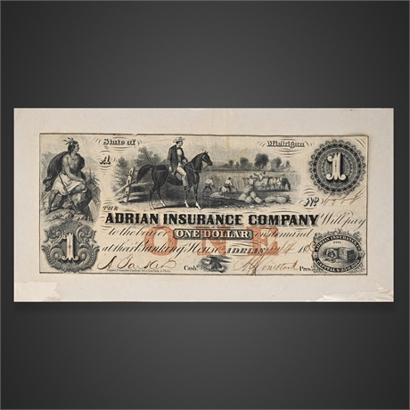 Adrian Insurance Co. $1 Obsolete Banknote, Michigan, ca. 1850s