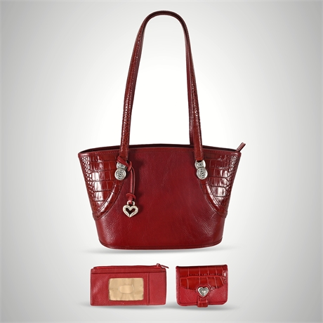 Brighton Tula Red Leather Tote w Wallet Card Holder Box