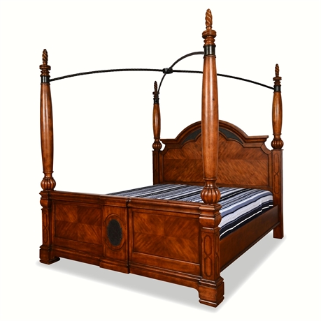 Elegant Four-Poster KING Canopy Bed in Cherry Finish with Iron Scroll Details