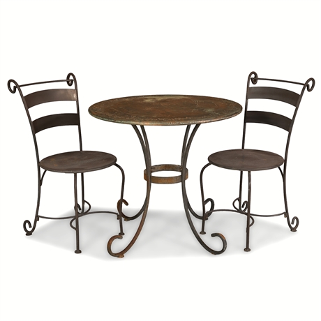 Vintage Iron Bistro Set Copper Top Table & Chairs Scroll Design