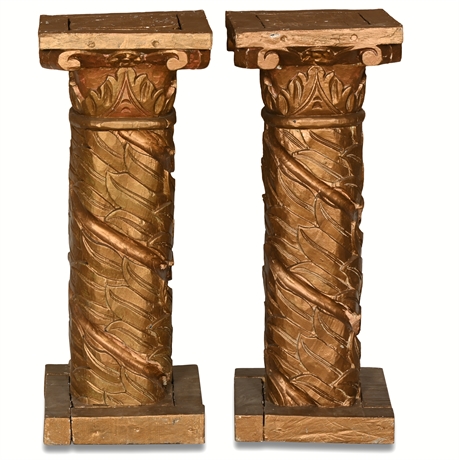 Pair Carved Columns with Bronze Finish, 29” Tall