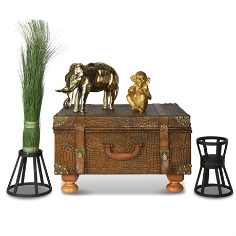 Faux Crocodile Trunk w/ Brass Elephant, Monkey & Risers