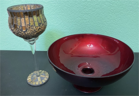 Red Glass Candle Bowl with Gold Goblet Candle Holder