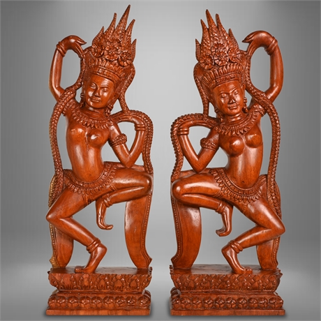 Pair Carved Teak Apsara Statues