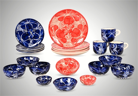 21-Piece Talavera Hand-Painted Dinnerware Set – Blue & Red Floral