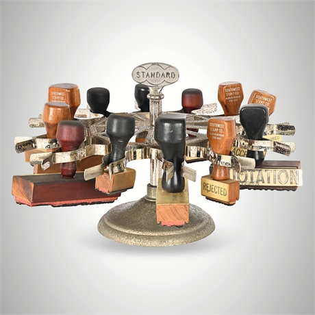 Standard Rotating Stamp Holder w/ 14 Vintage Wood Office Stamps