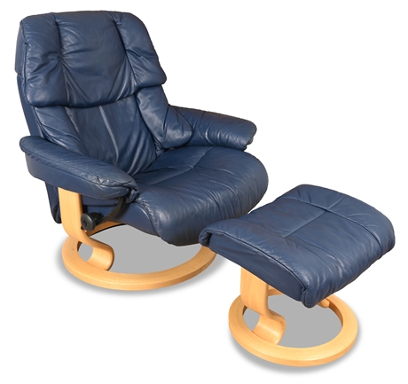 Ekornes Stressless Reno Recliner & Ottoman – Blue Leather, Medium Size