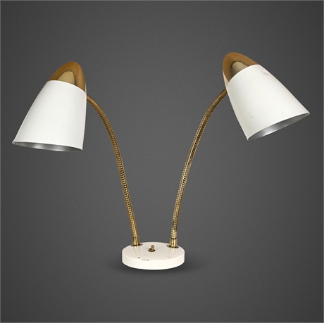 Mid-Century Double Gooseneck Desk Lamp Brass & White Bullet Shades
