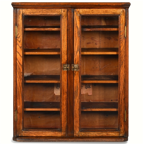 Antique Elmwood Bookcase with Original Glass Panel Doors